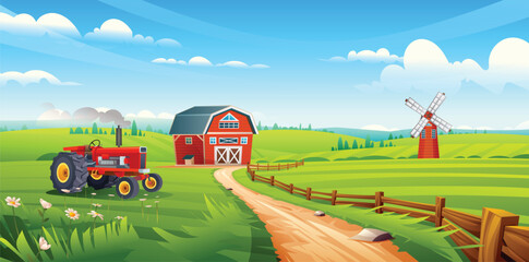 Rural farm field landscape. Vintage tractor in green field beside dirt road, barn and windmill in background. Vector cartoon illustration