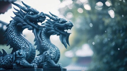 Fototapeta premium Majestic twin dragon gate statues stand tall, with a soft bokeh background creating a mystical atmosphere in traditional Asian architecture