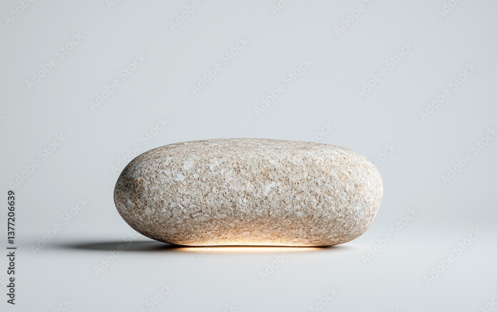 Poster off-white, pebble-shaped object illuminated from below against a bright white background. the object
