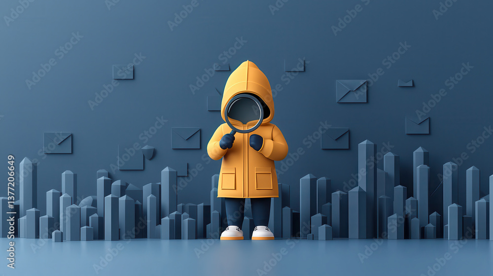Leinwandbilder stylized 3D cartoon character in yellow coat stands in blue environment with envelope icons and geometric shapes, creating modern and playful scene
