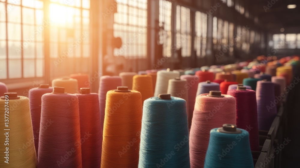 Poster spools of yarn are arranged in a factory setting, bathed in warm sunlight streaming through large wi