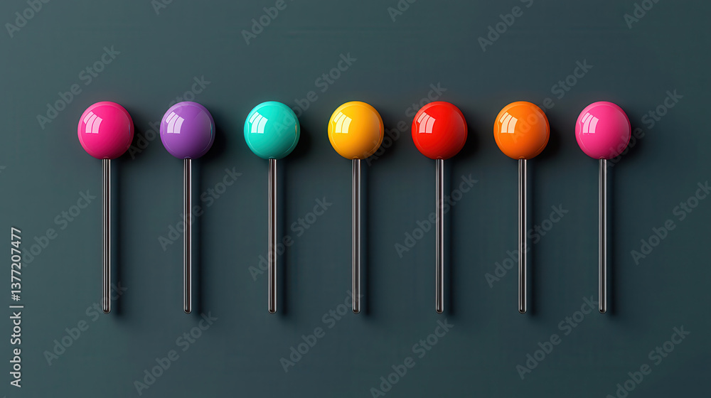 Poster seven colorful 3d pins are arranged in row against dark background showcasing vibrant hues of pink p