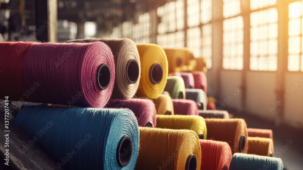 Aufkleber spools of yarn are arranged in a factory setting, bathed in warm sunlight streaming through large wi