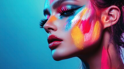 Obraz premium Vibrant Artistic Portrait of a Woman with Colorful Abstract Makeup