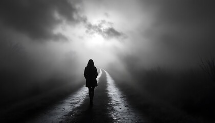 Woman Walking Alone on a Foggy Road in Black and White