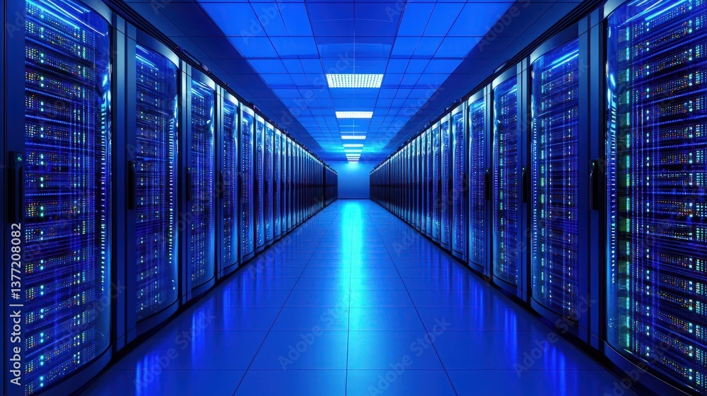 Poster futuristic data center with blue ambient lighting and server racks in a high-tech environment