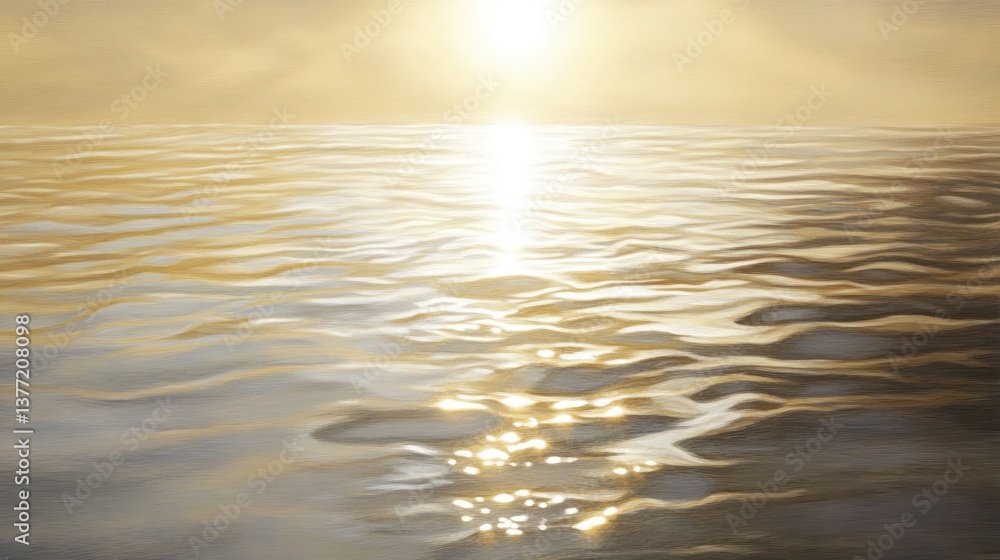 Poster the serene reflection of the sun on calm water, with natural textures and soft light glimmers creati