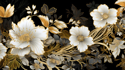 Opulent white blossoms adorned with gold, flourishing on a midnight black canvas, a majestic floral tapestry.