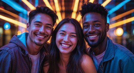 Naklejka premium Happy friends smiling in neon lit urban street with reflections background portrait photo 