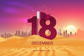 Qatar National Day poster featuring the number 18 with fireworks over a desert and city skyline background.