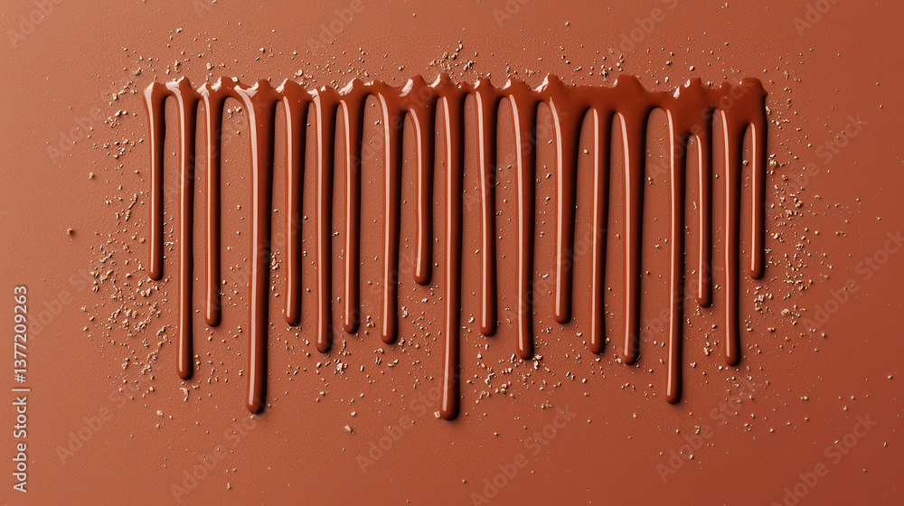 Poster smooth molten chocolate drips down textured reddish brown surface, creating visually appealing patte