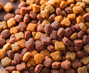 A blue silver food pet bowl. Full of dog food.