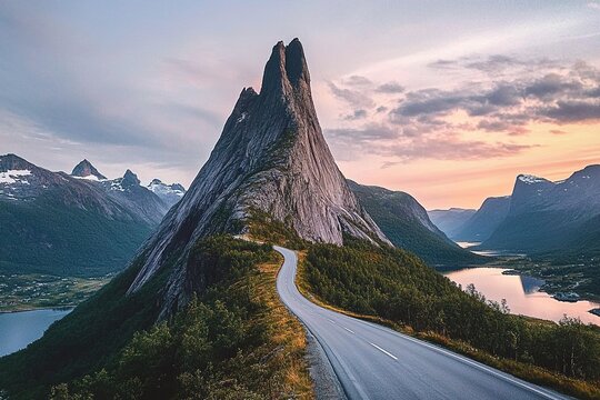 Fototapeta Stetind national mountain and empty asphalt road in Norway sunset rocky peak landscape, summer season travel beautiful destinations scandinavian northern nature scenery