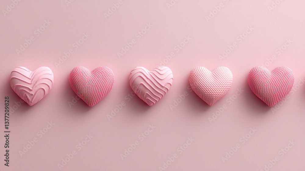 Aufkleber Soft pink hearts with various textures are arranged in row on pastel pink background, creating gentle and romantic atmosphere