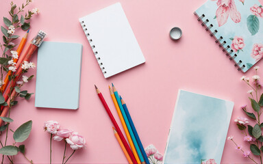 Pink desk flat lay with stationery: notebooks, colored pencils, and delicate flowers. Ideal for creative tasks like journaling or art projects.