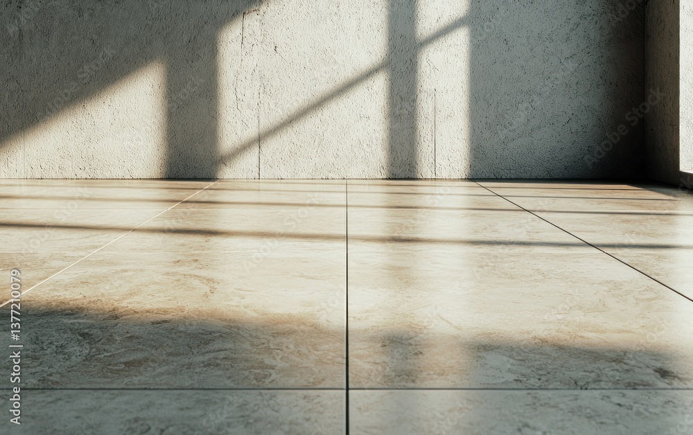 Aufkleber light beige tiled floor in a minimalist room with textured walls. sunlight streams through unseen wi