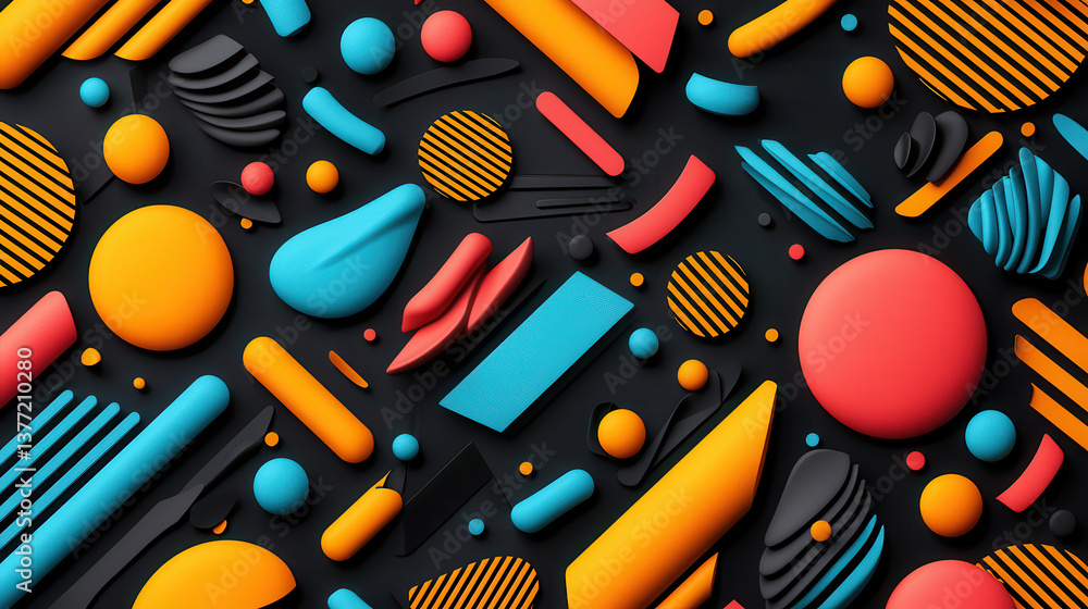 Poster Vibrant abstract pattern with dynamic shapes and bold colors, featuring circles, stripes, and geometric forms on dark background. design is energetic and visually striking