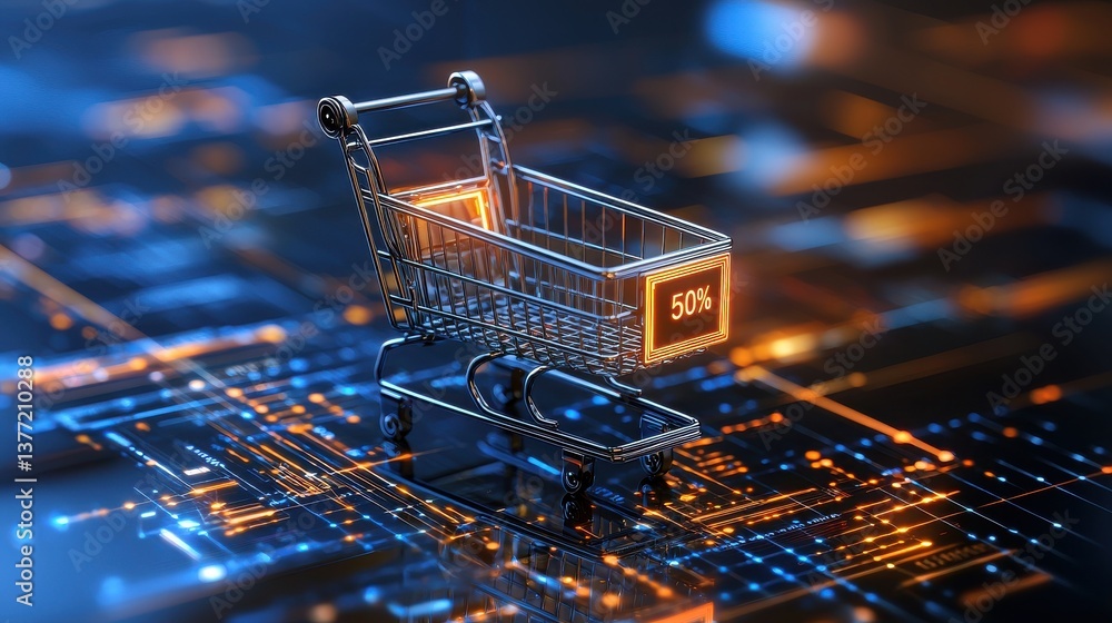 Poster a miniature shopping cart placed on a complex high tech circuit board symbolizing the of e commerce 