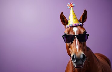 Funny horse wearing birthday party hat and sunglasses on purple backdrop. Animal is ready for celebrating holiday. Pet looks to the side. Cute, funny horse portrait.
