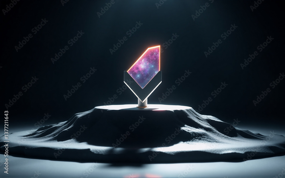 Poster illuminated geometric object with galaxy texture rests on a rocky base. dark environment, spotlight 