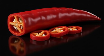 Sliced Red Chili Pepper Still Life on Black Reflective Surface