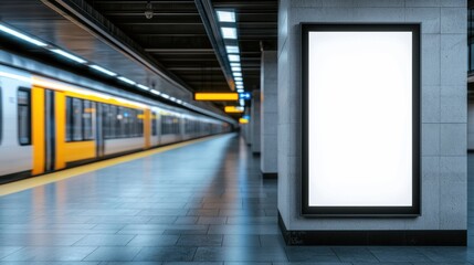 Obraz premium An empty subway station platform with a train in motion featuring a large blank billboard display on the wall and a minimalist industrial architectural design
