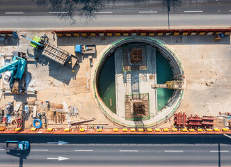 Aerial view of construction work on a large circular structure