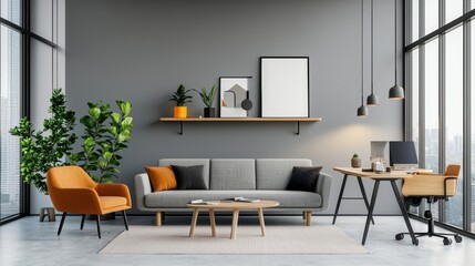 Open hybrid work lounge with modern furniture and soft lighting