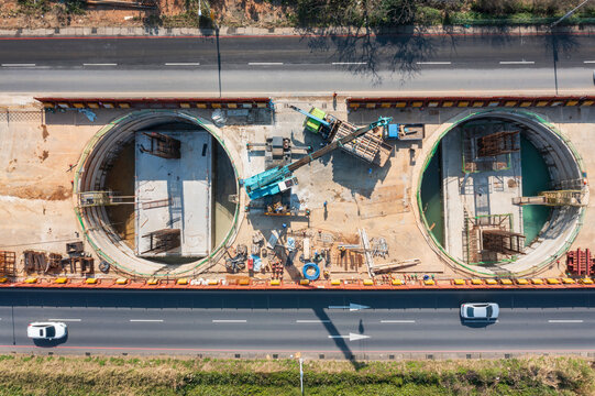Aerial View Highway Tunnel Construction Infrastructure Project