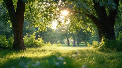 Obraz premium Serene Sunlit Forest Pathway Surrounded by Lush Greenery
