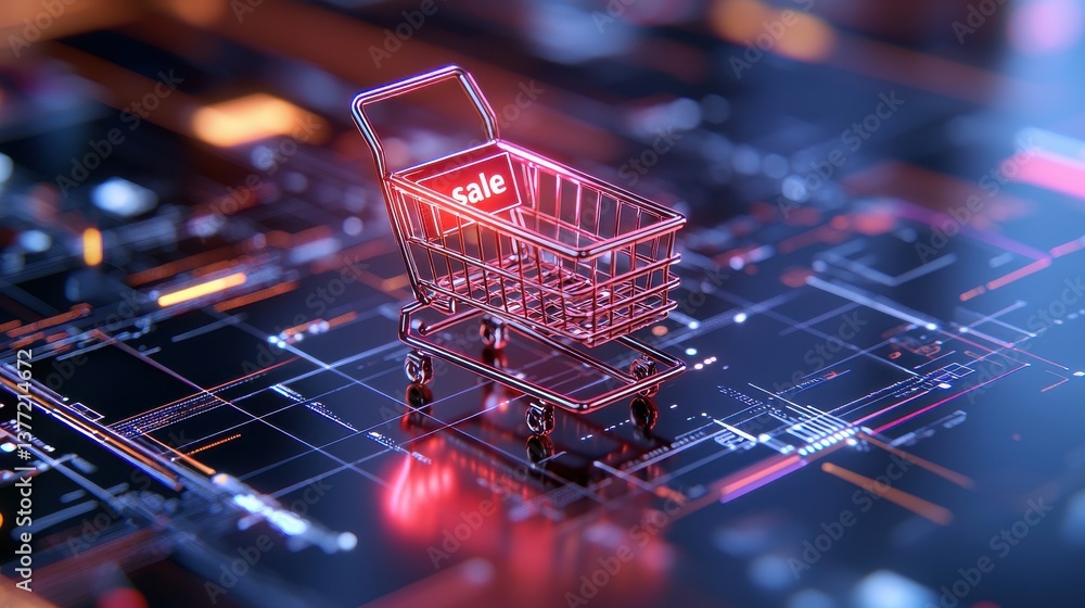 Poster a virtual shopping cart hovering over a complex electronic circuit board representing the interconne