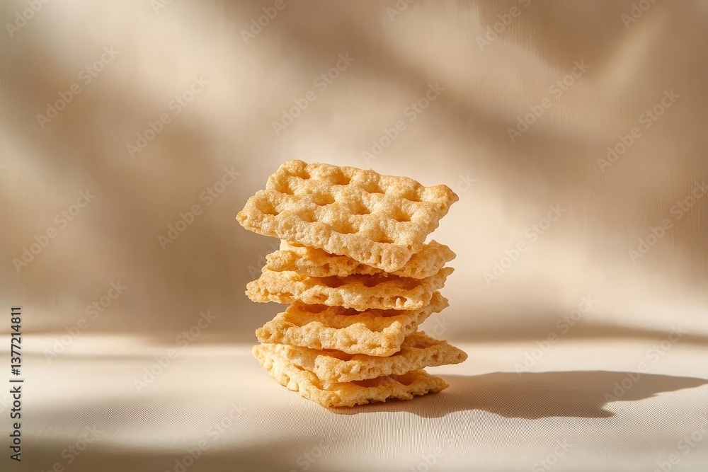 Poster a small stack of crispy textured crackers on neutral background