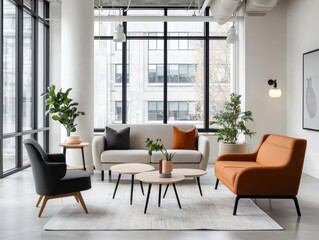 Fototapeta premium Openconcept office with flexible seating and natural lighting for hybrid work