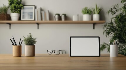 Obraz premium Workfromhome setup with a tablet, ergonomic chair, and natural decor