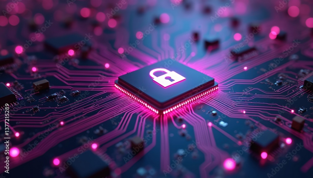 Leinwandbilder cyber security illustration. digital lock symbol on circuit board. neon purple circuits on the mothe