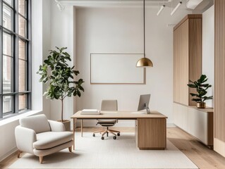 Ultrasleek hybrid office with smart lighting and a decluttered aesthetic