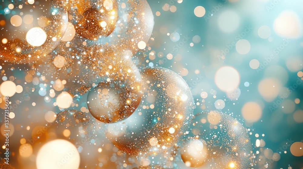 Poster abstract illustration of light particles and bubbles with a shimmering background in soft blue and g