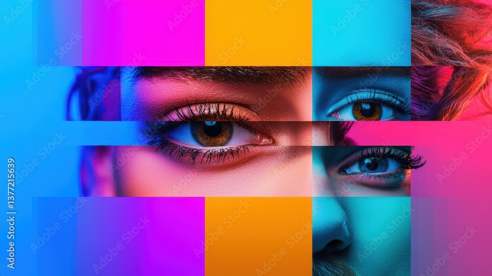 Poster an abstract portrait depicting a fragmented multicolored face that reveals a complex interplay of em