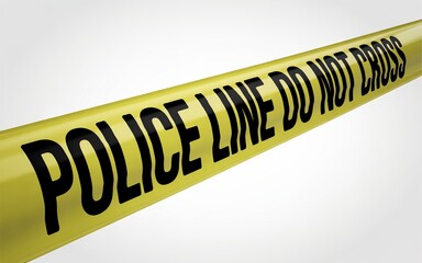 Yellow police line tape stretches across the scene, signaling a restricted area with bold black text.