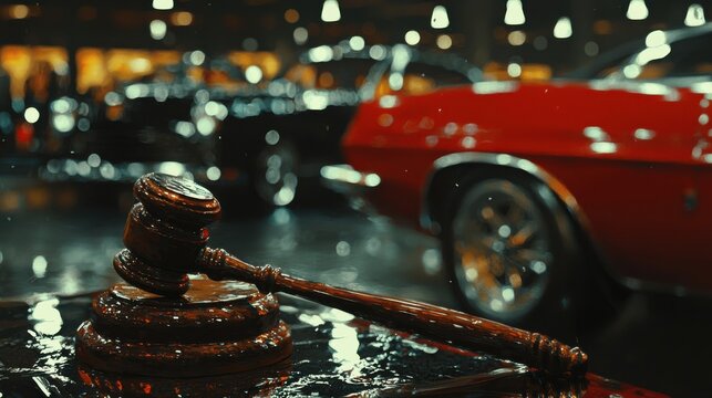 A gavel rests on a table, surrounded by classic cars in a vibrant auction setting.
