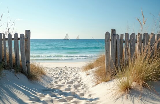 Morning sunlight over Les Sablettes white sand beach in La Seyne-sur-mer. Wooden fence leads to calm blue sea, sailboats on horizon. Travel, vacation, tourism concept.
