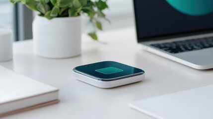 Clean hybrid workspace featuring a smart assistant and a wireless charger