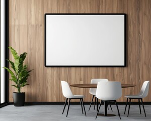 Open hybrid office with a large collaboration screen and modern furniture