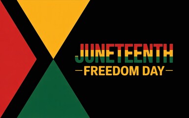 Colorful Juneteenth Freedom Day design with red, yellow, and green geometric shapes on a black background.