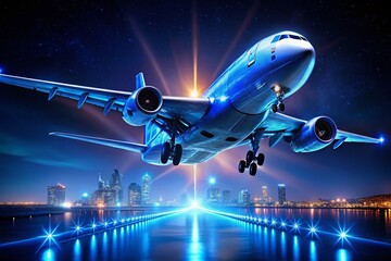 Fototapeta premium Flying Airplane with Blue Lights, Candid Night Shot, Air Travel, Aircraft, Aviation