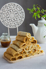 Hot pancakes are prepared for breakfast