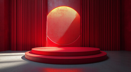 Dramatic Red Stage Setting Circular Platform Velvet Curtains Warm Lighting