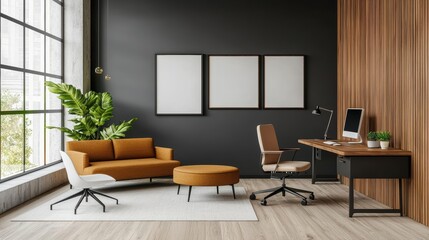 Open hybrid work lounge with modern furniture and soft lighting