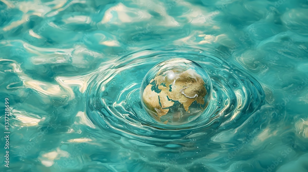 Poster a creative and conceptual depiction of the planet earth reflected within a single water droplet surr