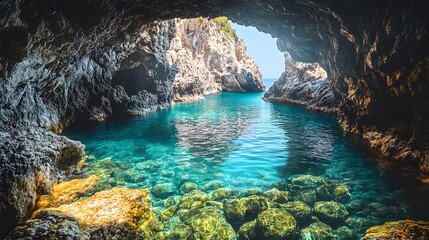 Tranquil secluded tropical cove with pristine clear blue water surrounded by lush greenery and dramatic rock formations 